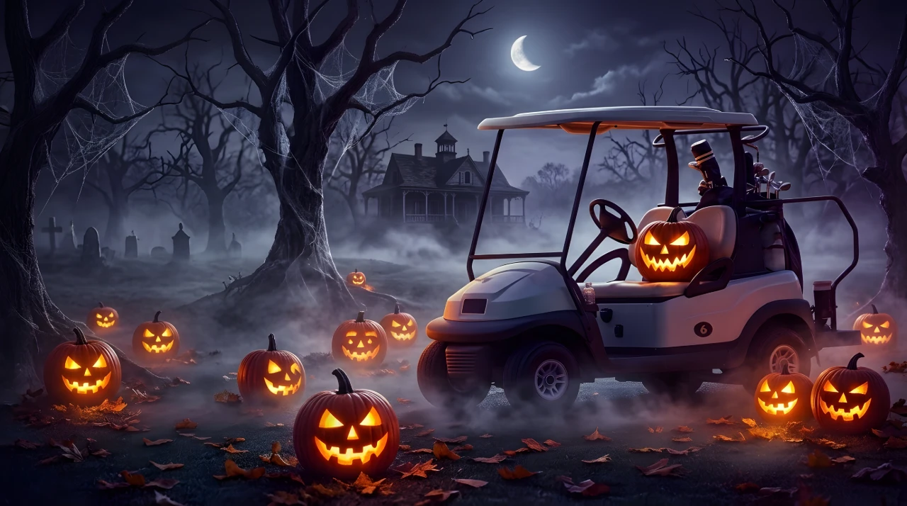 Golf cart with a carved pumpkin on the seat among glowing jack-o-lanterns on a misty Halloween night
