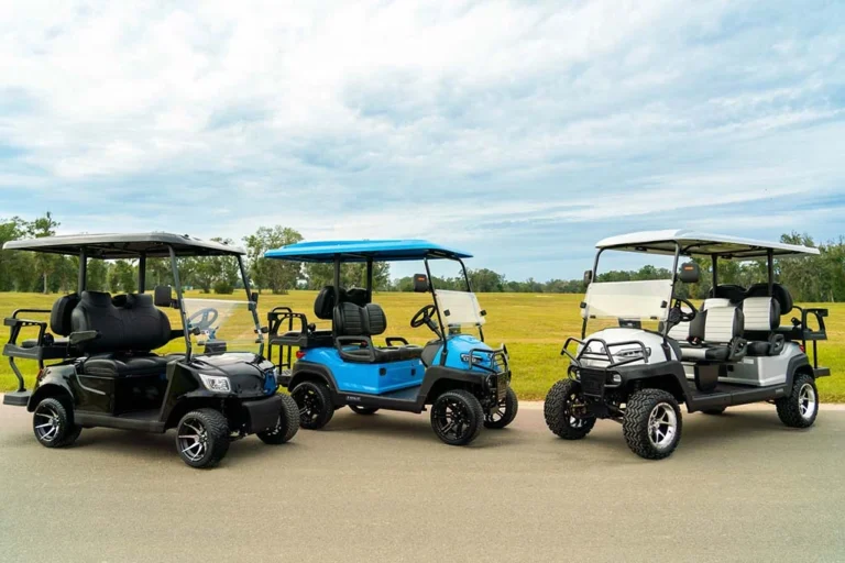 Three different brand golf carts lined up side by side for a comparison of reputable golf cart brands