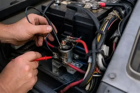 Multimeter probes on an installed golf cart solenoid while checking whether a stuck solenoid is worth repairing