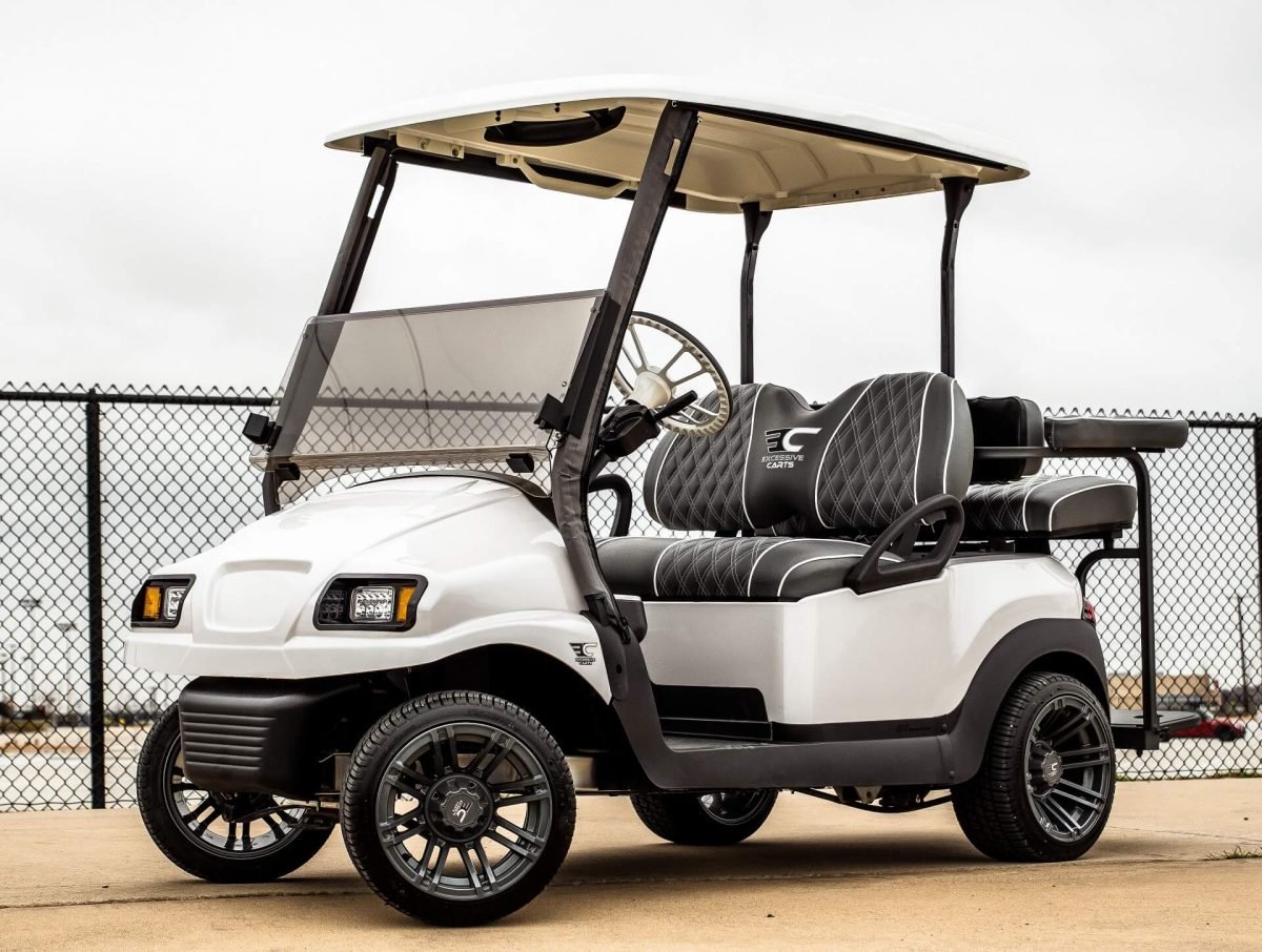 Custom golf cart with aftermarket lighting fitted, used for a guide to wiring lights to the battery