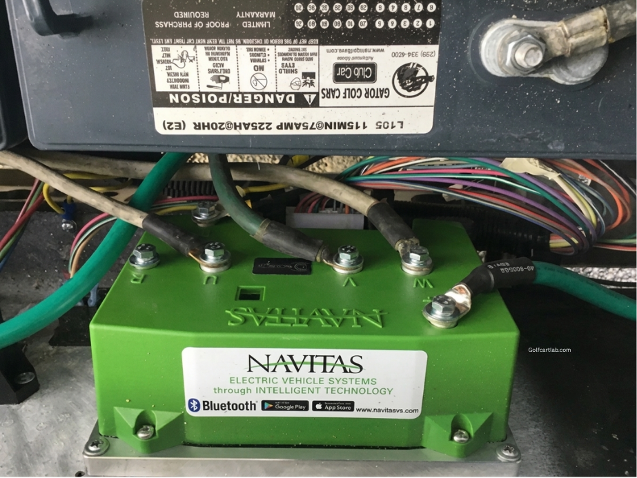 Golf cart controller upgrade showing a Navitas controller and heavy cables