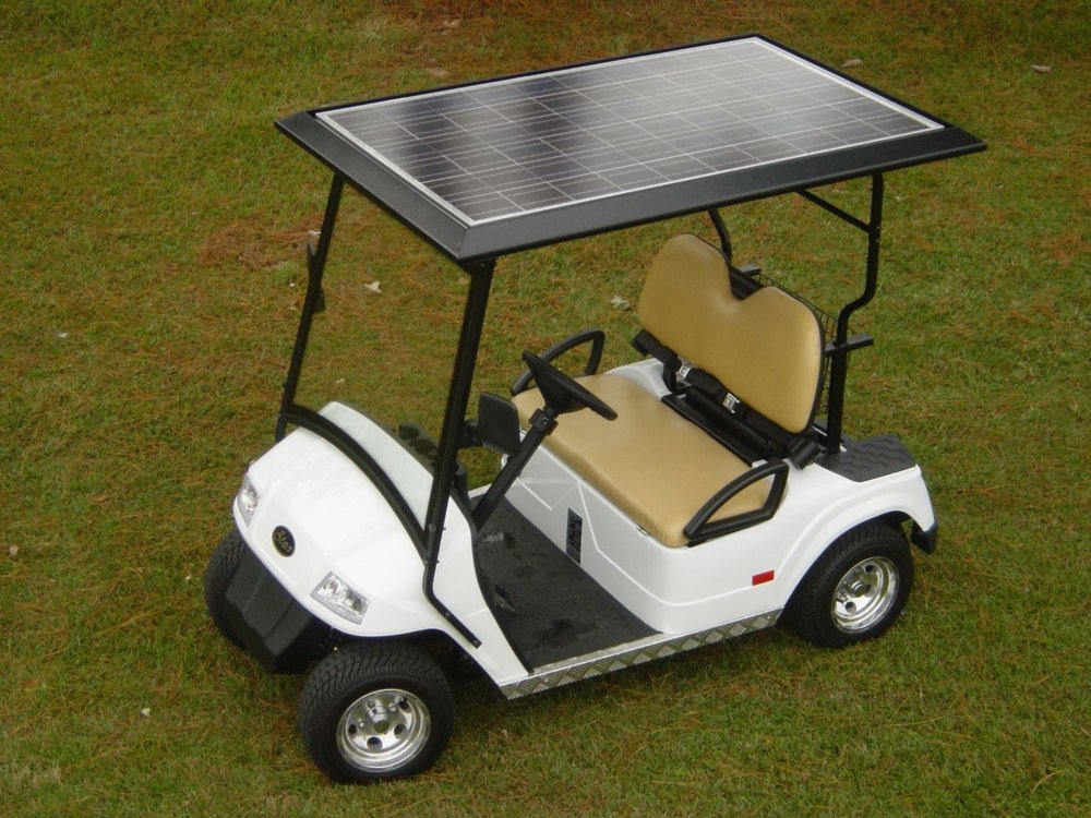 Golf cart solar charging with a roof-mounted solar panel