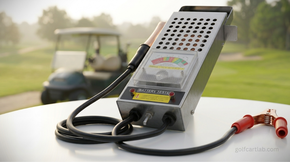 Carbon-pile battery load tester connected to a golf cart battery to find a dropped cell with the voltage bounce test