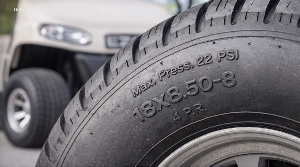 Golf cart tire sidewall showing the tire size 18x8.50-8 and max pressure markings