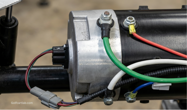 Club Car Precedent speed sensor and 3-wire connector at the motor