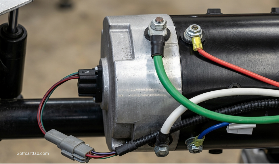 Club Car Precedent speed sensor and its three-wire connector at the motor end cap