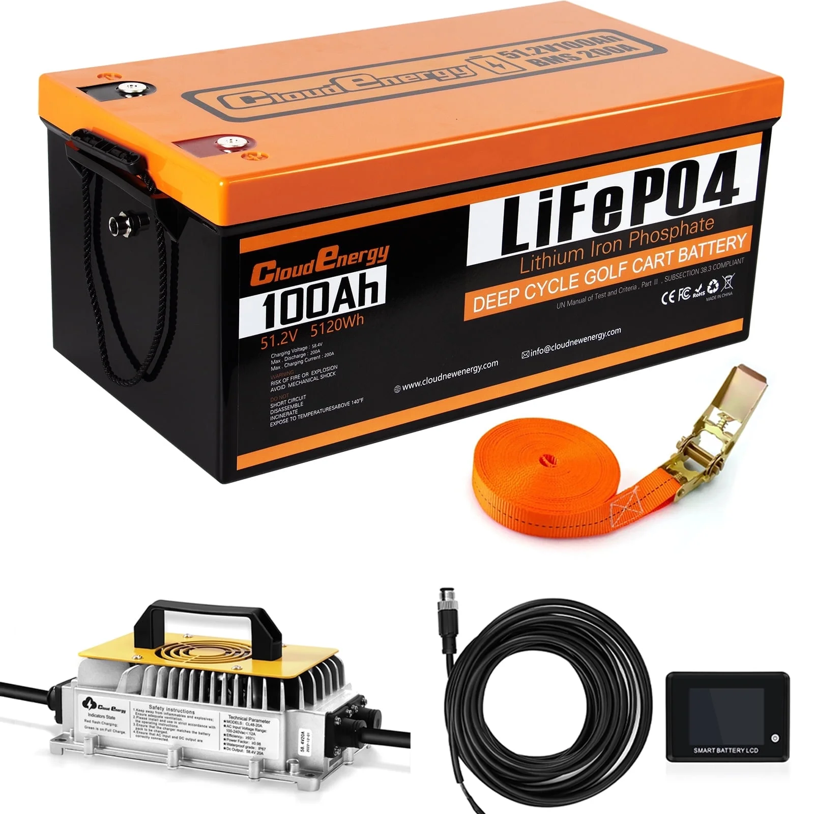 LiFePO4 lithium battery pack and charger used to connect a lithium battery to a golf cart