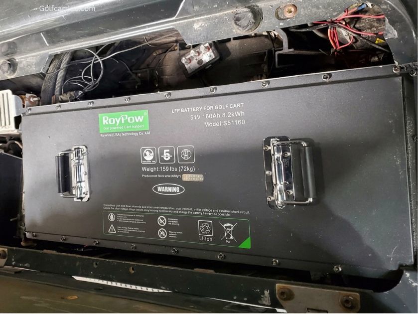RoyPow golf cart battery review, an S51160 51.2V 160Ah LiFePO4 pack installed in a cart