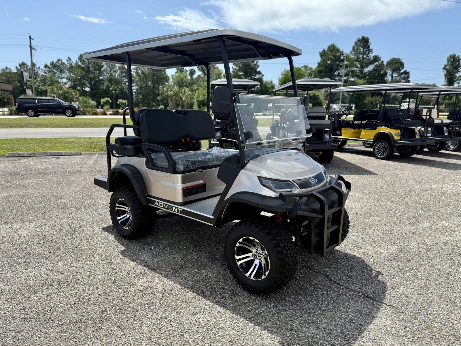 Advanced EV Advent 4 golf cart with ADVENT badging, relevant to Advanced EV lithium battery and BMS problems