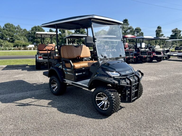 Lifted black Advanced EV Advent golf cart with ADVANCED EV badging and off-road tires, relevant to slow or loses power on hills diagnosis