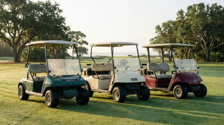 the top 3 golf cart brands club car ezgo and yamaha lined up
