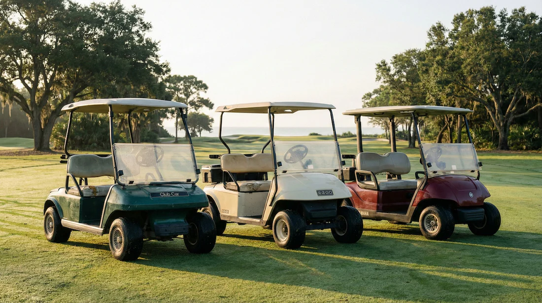 the top 3 golf cart brands club car ezgo and yamaha lined up