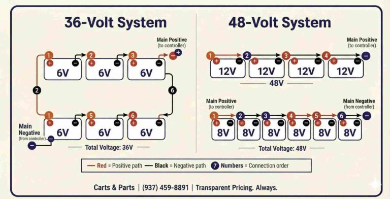 36 volt and 48 volt golf cart battery series wiring diagram showing how to wire a 48v golf cart
