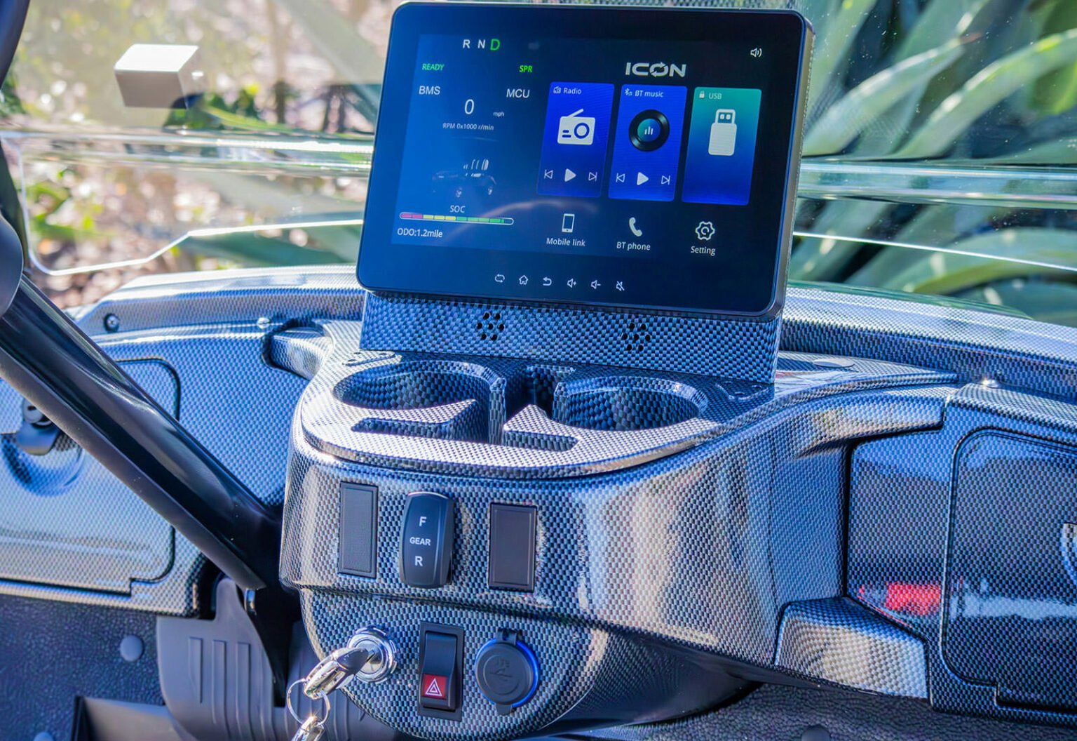 ICON golf cart dash display showing a beeping and blinking battery warning icon