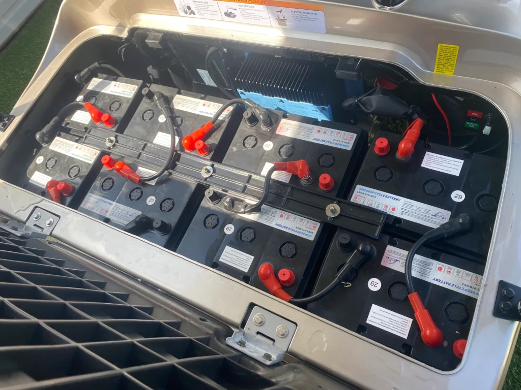 Golf cart battery bay with multiple 12V batteries, relevant to an Advanced EV won't turn on no-power diagnosis