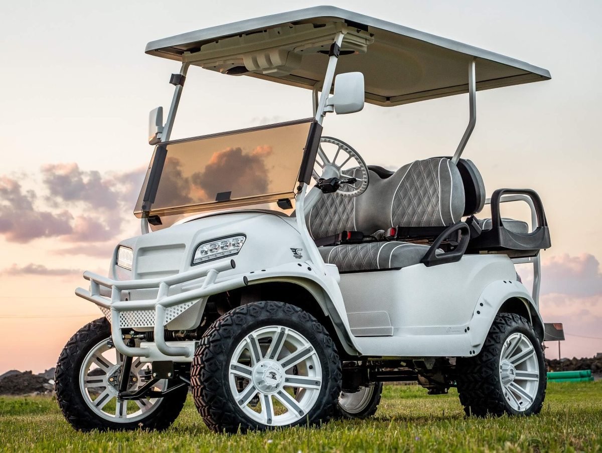 Golf cart parked at dusk, used to explain why an E-Z-GO will not move while plugged in