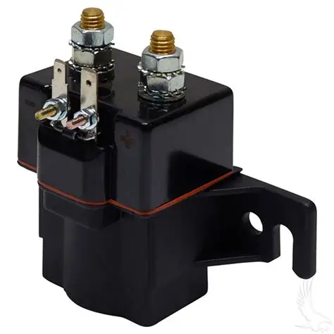 Four terminal golf cart solenoid showing the two large main studs and two small coil studs used for multimeter testing