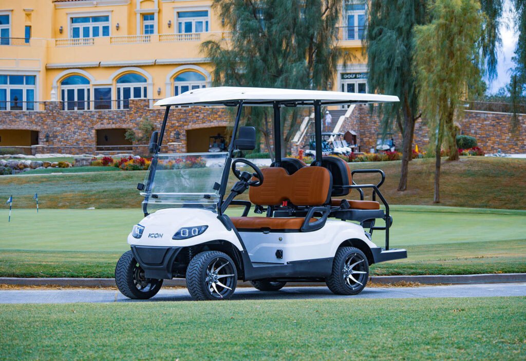 ICON golf cart on a course path for a guide to putting an ICON cart into neutral