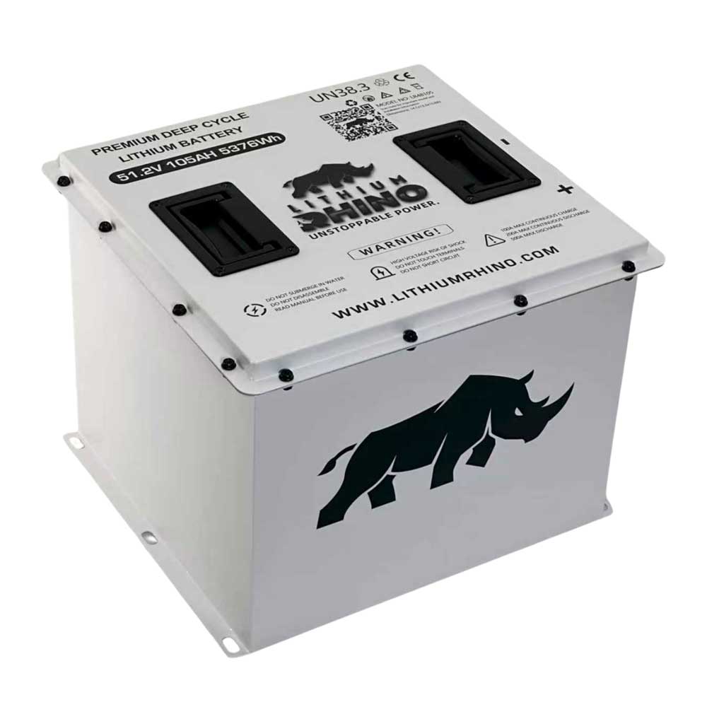 Golf cart battery replacement: Lithium Rhino 51.2V 105Ah CUBE lithium pack with its positive and negative terminals and carry handles