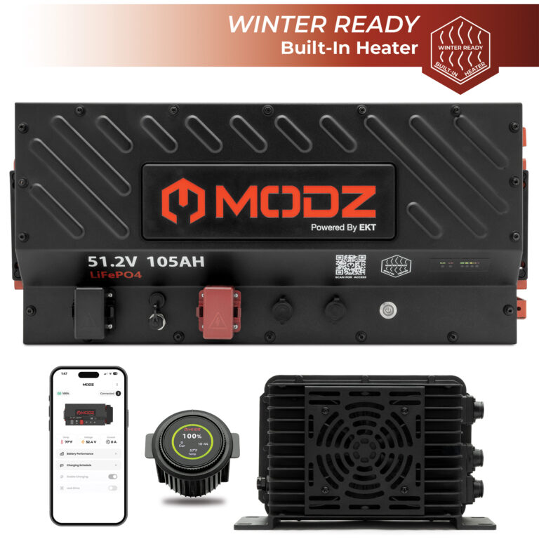 MODZ 51.2V 105Ah Slim lithium golf cart battery with its onboard charger and state-of-charge display
