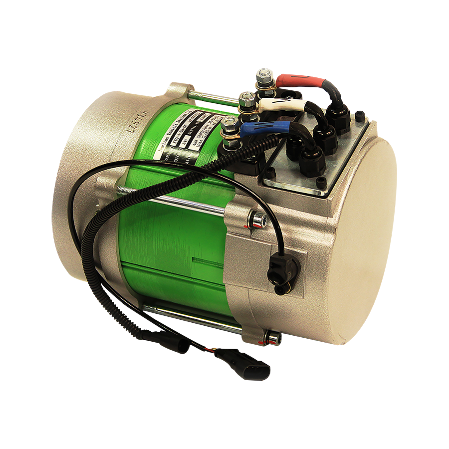 Navitas 4kW AC replacement motor from a Club Car IQ kit showing the three phase cables and the speed sensor lead