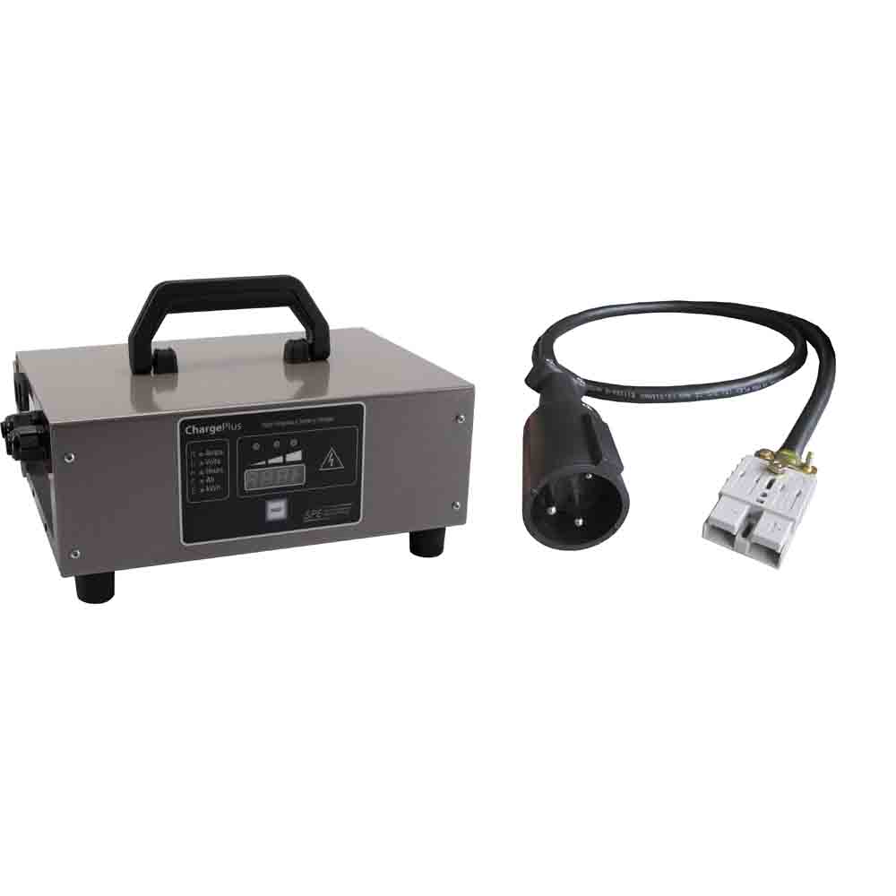 Golf cart charger replacement: SPE ChargePlus 48V charger with its Club Car 3-pin plug fitted, programmed for flooded lead-acid batteries