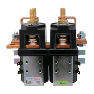 Albright SW202-41 forward and reverse contactor pair on its bracket with reversing links, 48V coil label