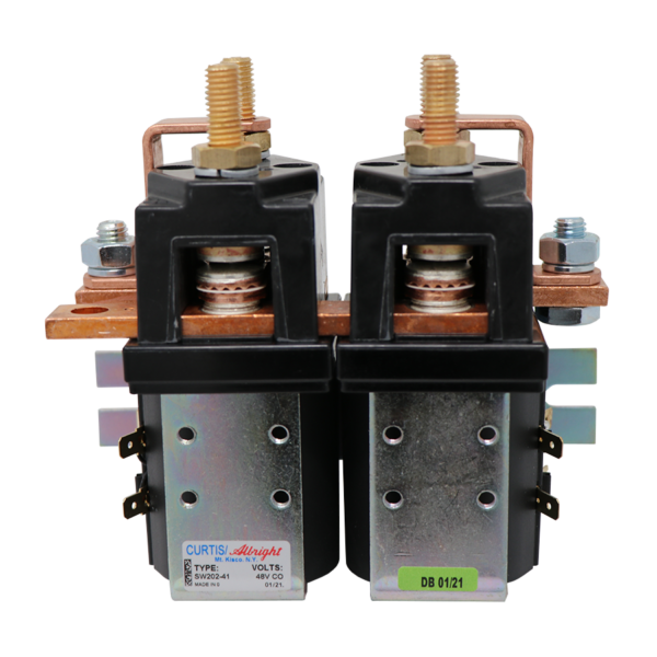 Albright SW202-41 forward and reverse contactor pair on its bracket with reversing links, 48V coil label