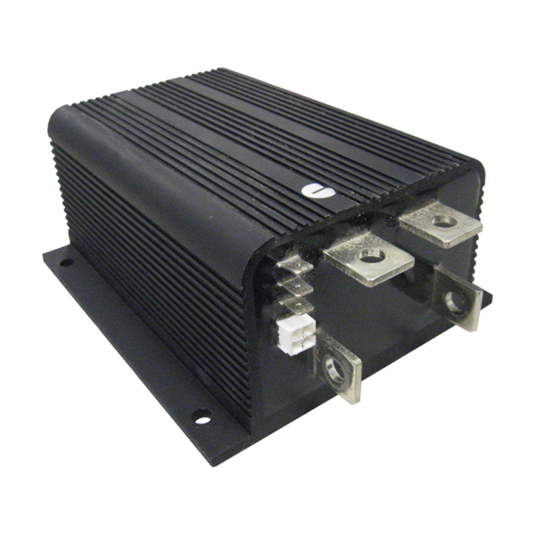 Curtis 1204M series motor controller with black finned case, four bus bars and a 4-pin programmer connector