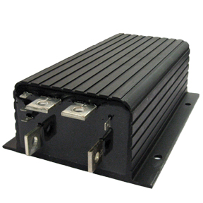 Curtis 1205 series motor controller with black finned case and four bus bars at one end