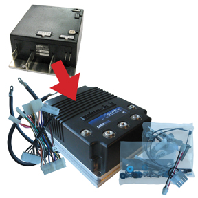 Curtis 1268 controller kit for E-Z-GO PDS with adapter harness and hardware, shown replacing the 1206MX controller