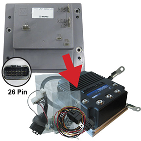 Curtis 1268 controller kit for Yamaha G29 Drive with adapter harness, shown replacing the 26 pin Moric controller